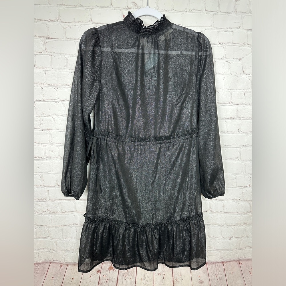 New LOFT metallic long sleeve ruffle prairie cottage core sheer dress sz SP‎